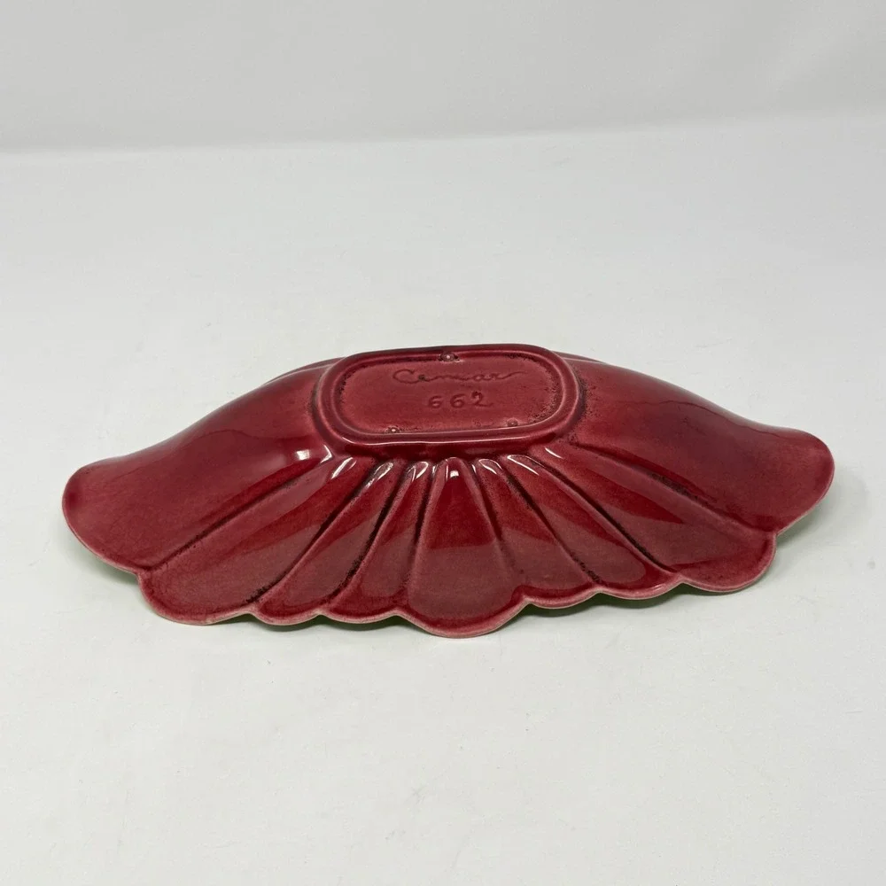 Cemar 662 Vintage Scalloped Ceramic Bowl Burgundy Green California Pottery MCM